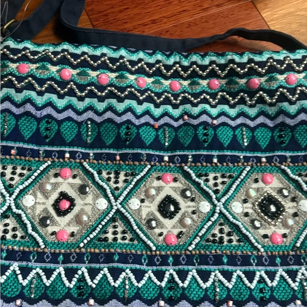 Stephanie Nicole NY Beaded Purse Crossbody Bag Festival Boho Blue Green Pink